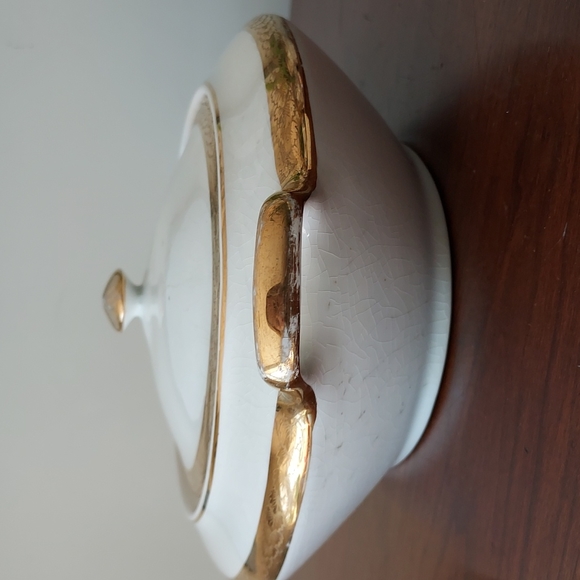 Saxon China 18k gold 6090g covered dish Vintage ivory gold leaf 🌿 trim cira1915 - Picture 5 of 16